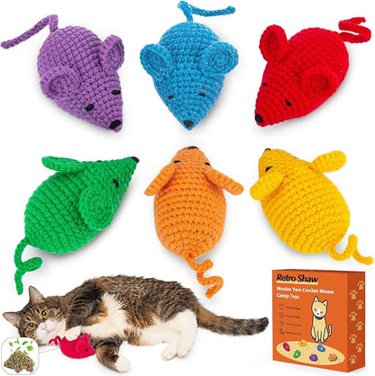 Retro Shaw Catnip Toys Crochet Mouse 6 Pcs - 100% Natural Catnip & Silvervine Blend Yarn Cat Nip Mice, Durable Hand-Knitted Teething Chew Toy for Indoor Cats & Kittens, Interactive Play & Dental Care