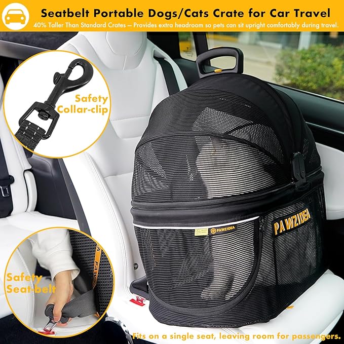 PAWZIDEA Portable Small Dog Crate for Car Travel up to 33lb, Enclosed Dog Car Seat Soft-Sided, Escape-Proof Reversible No-Zip Canopy, Foldable Pet Carrier Seatbelt for Small Medium Puppy & Cats Kennel