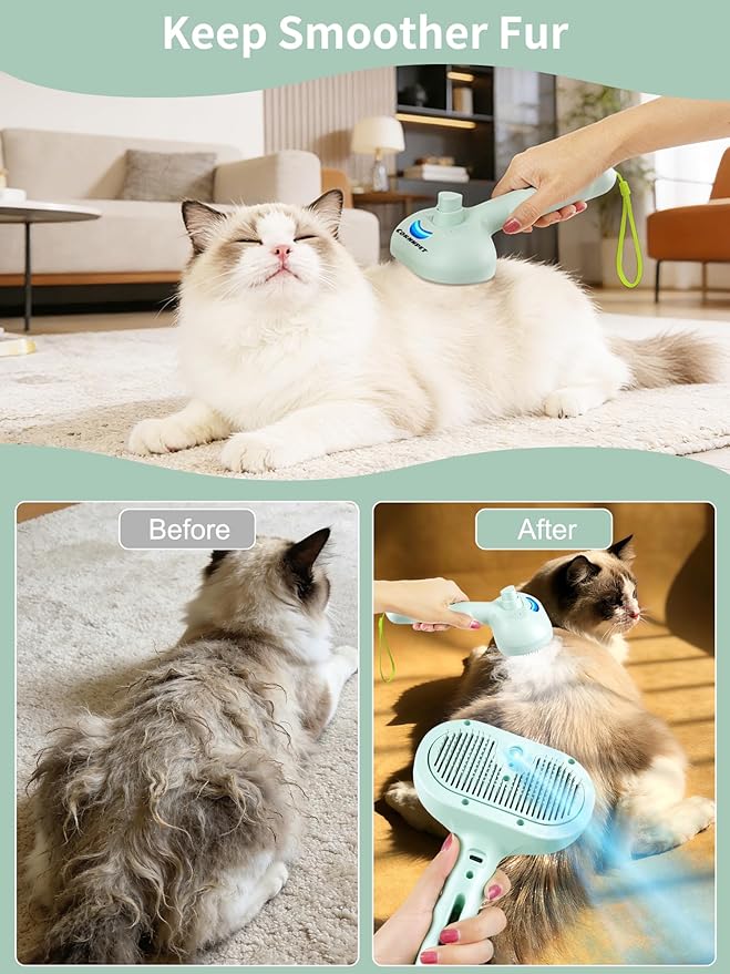 Dog Cat Steam Brush With UV Light, 3 in 1 Release Button Self-Cleaning Grooming Brush for Pets Cats Dogs, Hair Massaging Shedding for Small Animals Long Short Haired - Green