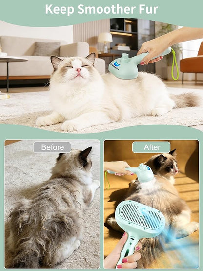 Dog Cat Steam Brush With UV Light, 3 in 1 Release Button Self-Cleaning Grooming Brush for Pets Cats Dogs, Hair Massaging Shedding for Small Animals Long Short Haired - Green