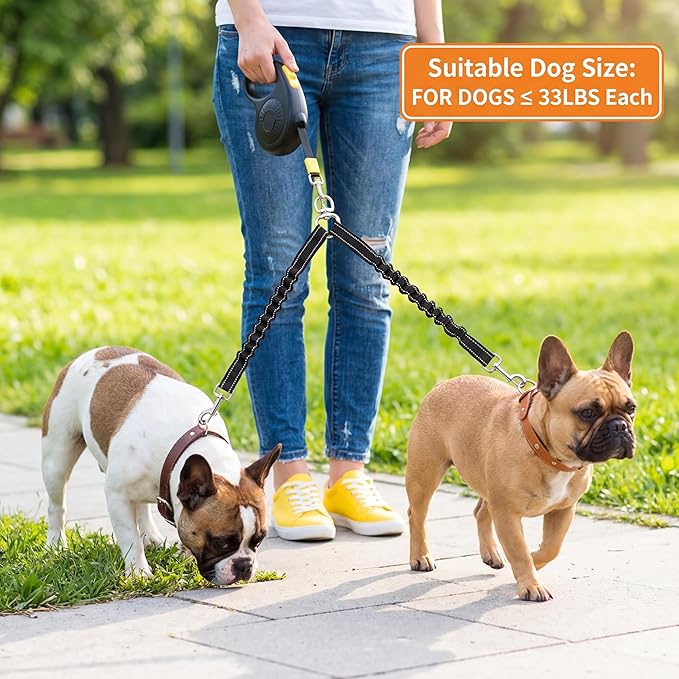 Double Dog Leash for Walking 2 Small Dogs (Up to 33 Lbs Each), Dual Retractable 9.8ft Extendable Strong Nylon Tape Pet Leash with Poop Bags, One-Handed Brake, Pause, Lock (Black)