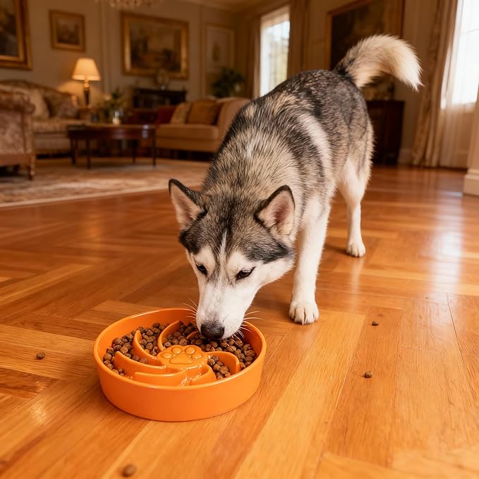Ceramic Slow Feeder Dog Bowl, 1.5 Cup Dog Food or 20oz Water, Slow Eating Bowl for Small Breed, Maze Puzzle Feeder for Fast Eaters, Anti-Choking Stop Bloat, Non-Slip BPA Free (Orange)