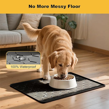 Pieviev 24''x16'' Dog Cat Food Bowl Mat, Silicone Waterproof Food Grade Pet Food Mat for Floor, High Raised Edge to Prevent Spills, Non-Slip & Easy Clean Pet Placemat for Dog & Cat Bowls, Black