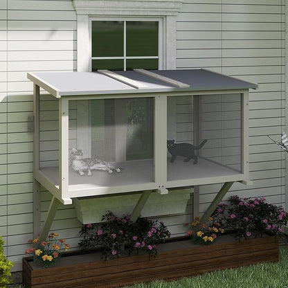 Catio Cat Window Box, Wooden Cat Catio for Indoor Cats, Window Enclosure for Sunbathing, Napping, Overlooking, Keeps Insects Out