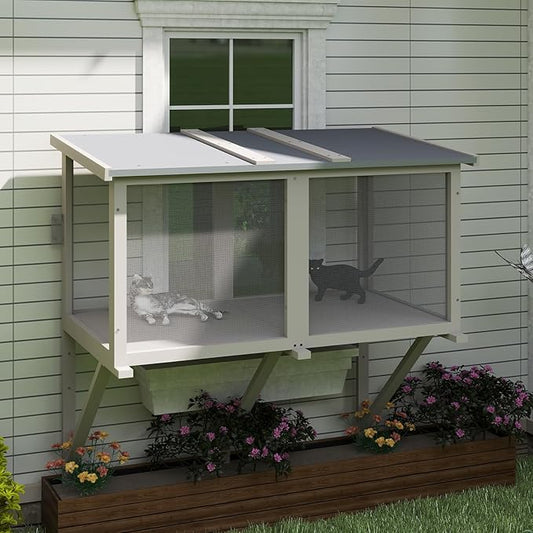 Catio Cat Window Box, Wooden Cat Catio for Indoor Cats, Window Enclosure for Sunbathing, Napping, Overlooking, Keeps Insects Out