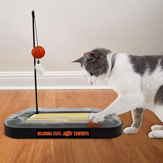 Cat Scratch Toy NCAA OKLAHOMA STATE Cowboys REVERSIBLE Basketball Court Felt/Cardboard Cat Scratcher Toy with Interactive Cat Ball Bell. 6-in-1 CAT TOY Cat Wand Poll CATNIP-FILLED Plush Basketball Toy