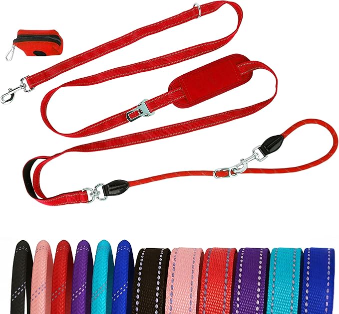 10FT Hands Free Dog Leash for Small Medium Large Dogs, Heavy Duty Reflective Dog Leash with Traffic Handle, Seat Belt Buckle & Poop Bag Holder (Red)