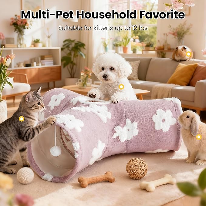 Tempcore Flannel Pet Cat Tunnel Tube Cat Toys 3 Way Collapsible, Cat Tunnels for Indoor Cats, Kitty Tunnel Bored Pet Toys Peek Hole Toy Ball Puppy, Kitty, Kitten, Rabbit Daisy Burlwood