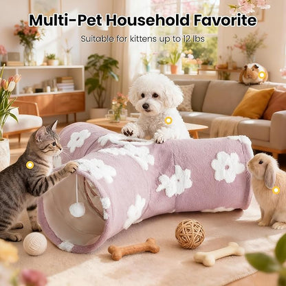 Tempcore Flannel Pet Cat Tunnel Tube Cat Toys 3 Way Collapsible, Cat Tunnels for Indoor Cats, Kitty Tunnel Bored Pet Toys Peek Hole Toy Ball Puppy, Kitty, Kitten, Rabbit Daisy Burlwood
