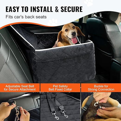VEVOR Dog Car Seat, Waterproof Dog Booster Seat for Car with Side Handles and a Storage Pocket, Clip-On Safety Leash and PP Cotton Filling, Vehicle Bed for Small Dogs up to 25lbs, Gray
