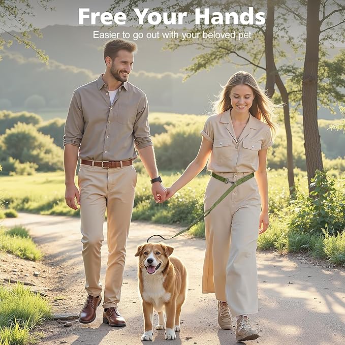 Hands Free Dog Leash, 8.5ft Adjustable Hands Free Leash for Medium Dogs, Versatile Handheld Crossbody Waist Lead with 3 Rings, Easy Adjust for Running Jogging Walking, Sponge Handle, Army Green