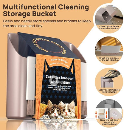 Heavy Duty Metal Cat Litter Scoop with Holder - Broom and Dustpan Set - Quick-Sifting Mesh for Clump-Free Cleaning, Compatible with Most Litter Types