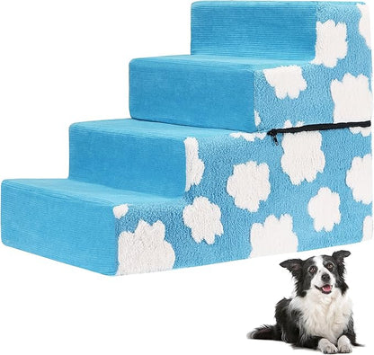 Pet Stairs for Small Dog Stairs for Sofa and Bed High Density Foam Stairs Pet Ladder with Removable Washable Cover Non-Slip Base(4 Steps Blue)