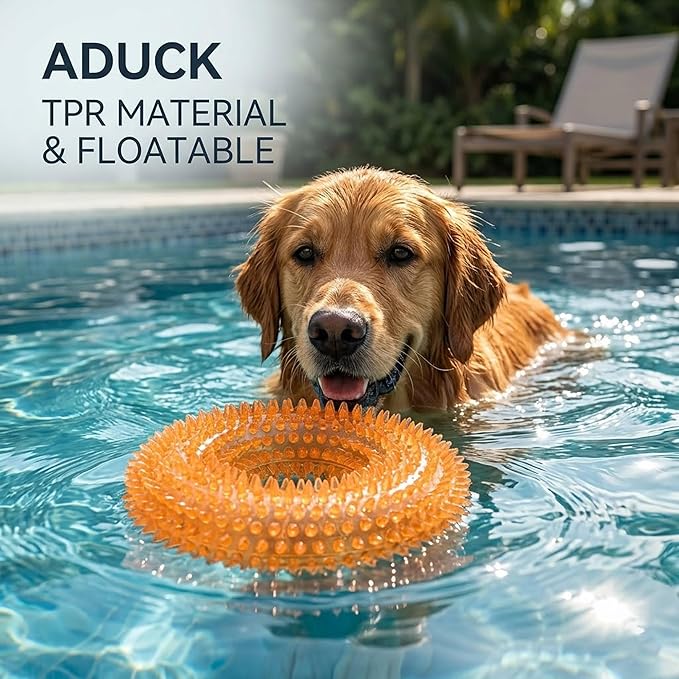 ADUCK Dog Squeaky Chew Toys for Aggressive Chewers, Small Medium Large Dogs Teeth Cleaning Soft Natural Rubber Float Toy for Indoor Outdoor Water Pool, Donut Ring Design 4.92 inch, Crystal Orange