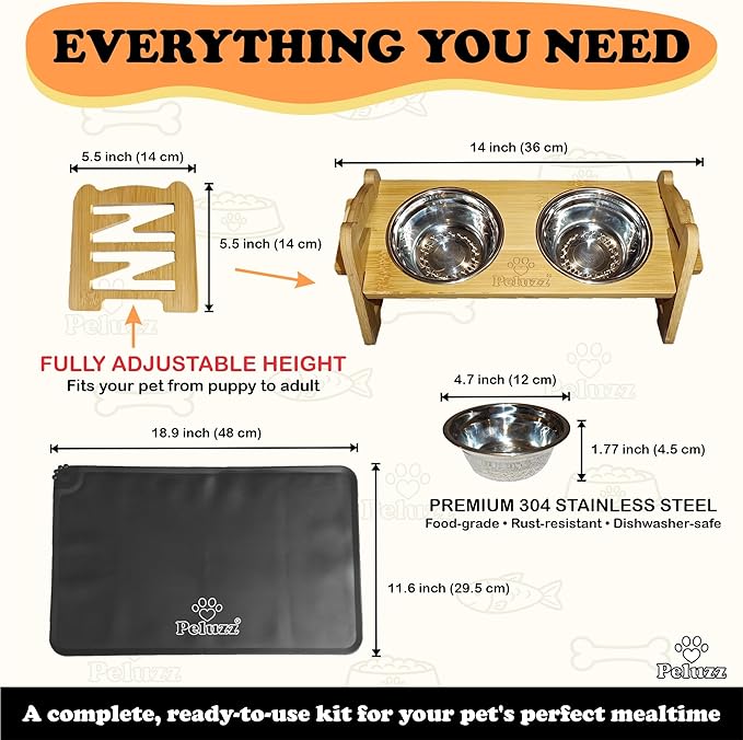 Dog Bowls Elevated Adjustable Height – Bamboo Raised Feeding Stand with Stainless Steel Bowls, for Dogs & Cats, Cat Bowls Elevated, 6 Height Levels, 15° Tilt & Includes Waterproof Feeding Mat
