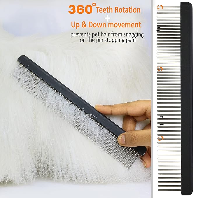 Professional Comb with Long 1" Silky Smooth Rotating Teeth for Large Breeds (Mat Black 7.5")