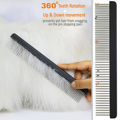 Professional Comb with Long 1" Silky Smooth Rotating Teeth for Large Breeds (Mat Black 7.5")