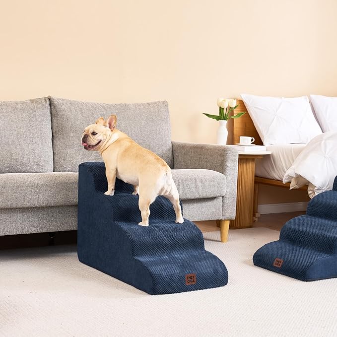 EHEYCIGA Curved Dog Stairs Ramp for High Beds 22.6" H, 5-Step Dog Steps for Small Dogs and Cats, Pet Stairs for High Bed Climbing, Non-Slip Balanced Pet Step Indoor, Navy