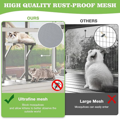 Large Catio Cat Window Box, Outdoor Cats Window Perchfor Indoor Cats with 4 Jump Platforms & 4 Doors, Comfortable Wooden Pet Perch House, Ultra-Fine Mesh Insect-Proof Screens, All-Weather Use