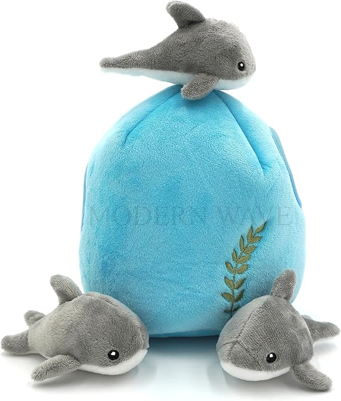 MODERN WAVE - Interactive Squeaky Plush Hide and Seek Squirrel Type Puzzle Toy for Dogs, Medium Size (Ocean and Dolphins)