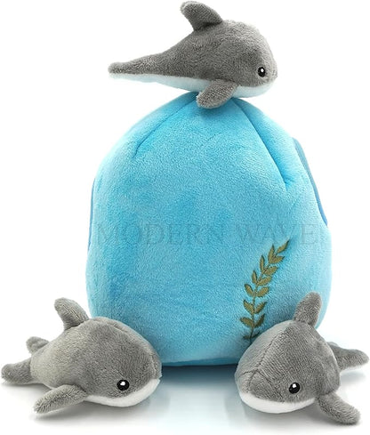 MODERN WAVE - Interactive Squeaky Plush Hide and Seek Squirrel Type Puzzle Toy for Dogs, Medium Size (Ocean and Dolphins)