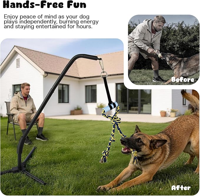 Adjustable Tug of War Dog Toy with 3 Tether Tug Toys, Outdoor Dog Spring Pole Rope Toy with Tripod Base & U-stakes, Hands-free Outdoor Dog Toys for Large Dogs, Interactive Dog Tetherball for Yard