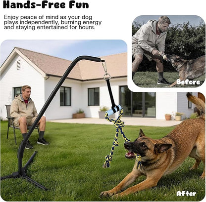 Adjustable Tug of War Dog Toy with 3 Tether Tug Toys, Outdoor Dog Spring Pole Rope Toy with Tripod Base & U-stakes, Hands-free Outdoor Dog Toys for Large Dogs, Interactive Dog Tetherball for Yard