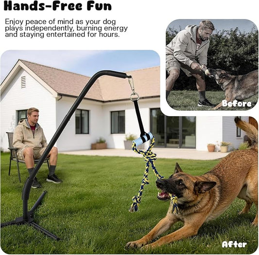 Adjustable Tug of War Dog Toy with 3 Tether Tug Toys, Outdoor Dog Spring Pole Rope Toy with Tripod Base & U-stakes, Hands-free Outdoor Dog Toys for Large Dogs, Interactive Dog Tetherball for Yard