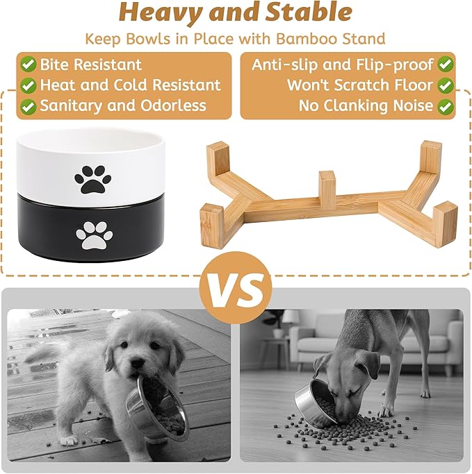Dog Bowls, Non Slip Heavy Ceramic Dog Food and Water Bowl, Pet Feeding Bowl for Cats, Puppies and Small Dogs (2 Bowls+ 1 Stand-Black and White, 5.1 Inches)