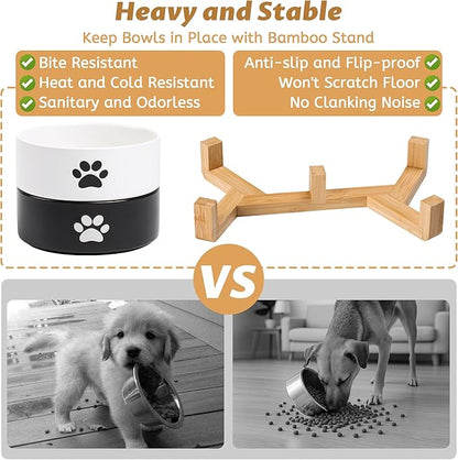 Dog Bowls, Non Slip Heavy Ceramic Dog Food and Water Bowl, Pet Feeding Bowl for Cats, Puppies and Small Dogs (2 Bowls+ 1 Stand-Black and White, 5.1 Inches)