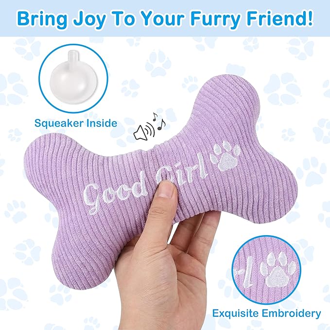 2026 Squeaky Dog Toys, Embroidered Bone Shape Purple Corduroy Pet Pillow 8"x5", Plush Soft Cotton Filled Cute Fun Dog Chew Puzzle Toy Birthday for Small Medium Dogs(Good Girl)