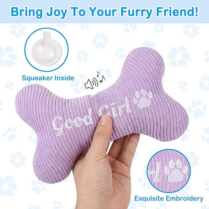 2026 Squeaky Dog Toys, Embroidered Bone Shape Purple Corduroy Pet Pillow 8"x5", Plush Soft Cotton Filled Cute Fun Dog Chew Puzzle Toy Birthday for Small Medium Dogs(Good Girl)