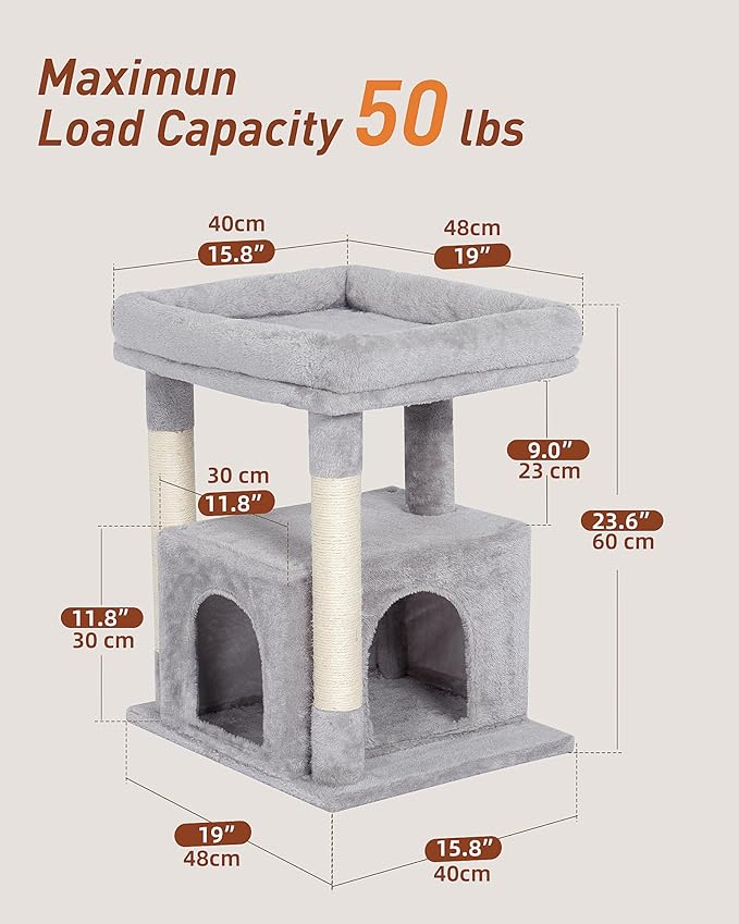 Cat Tree for Large Cat, 19 * 15.8in Large Perch Bed for Adult Cats, 23.6in Cat Tower with Scrathing Post, Cat Condo with 2-Door for Indoor Cats, Light Gray