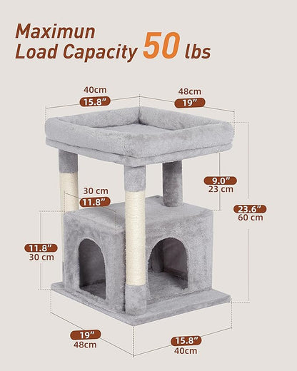 Cat Tree for Large Cat, 19 * 15.8in Large Perch Bed for Adult Cats, 23.6in Cat Tower with Scrathing Post, Cat Condo with 2-Door for Indoor Cats, Light Gray