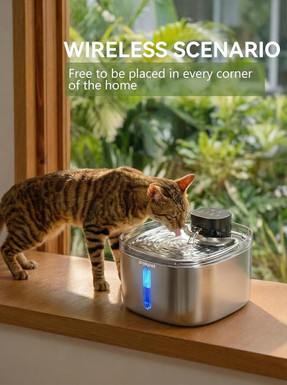 Water Fountain for Cats & Dogs 5L/169fl.oz Stainless Steel Wireless Cordless Pet Drinking Water Dispenser Cat Fountain for Indoor Outdoor &1Filter