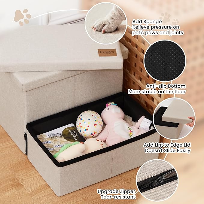 Love's cabin Dog Stairs with Storage 13" H, Foldable Pet Stairs for Small Medium or Large Dogs, Cat Puppy Steps Ramp with Zip up to 150 lbs, Beige, 2 Steps