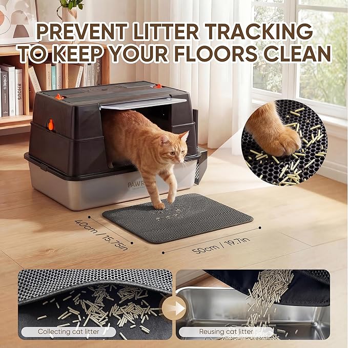Stainless Steel Litter Box with Lid, XL Metal Litter Box for Big Cats, Premium 304 Stainless Steel, Leak-Proof Enclosed High Sides,Odor Resistant & Easy Clean, Flip-Up Lid with Scoop & Mat (Black)