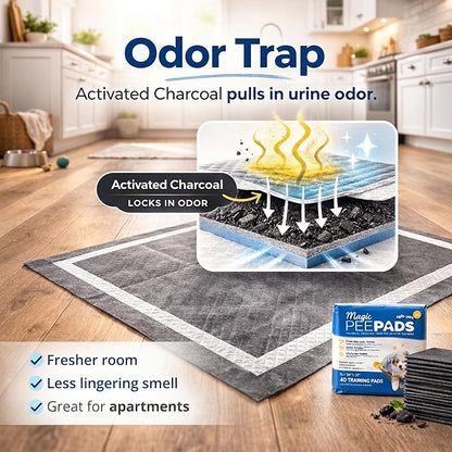 Alpha Paw - Magic Dog & Puppy Pee Pads - Puppy Pads with Charcoal, Extra Thick 6 Layers + Gel Tech Absorbs 6 Cups, Advanced Quick-Dry Indoor Wee Wee Pads for Dogs Training - XL Dog Pads 26”x30” 40 CT