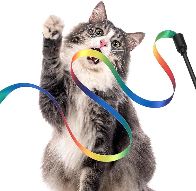 Cat Wand Toy Set, Interactive Cat Wand Toy with Rainbow Ribbon String, Leopard Print Cloth String for Small Cats Kittens Indoor Training Catcher (3 Packs)
