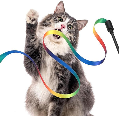 Cat Wand Toy Set, Interactive Cat Wand Toy with Rainbow Ribbon String, Leopard Print Cloth String for Small Cats Kittens Indoor Training Catcher (3 Packs)