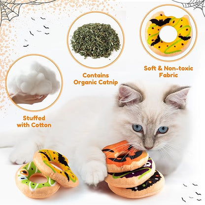 L1rabe Spring Catnip Cat Toys - 5Pcs National Pet Day Donut Catnip Stuffed Kittens Supplies, Pumpkin Bat Spider Dessert Pet Toys, Fun Cats Chew Bite Teething Tool Catmint Birthday Interactive Supplies