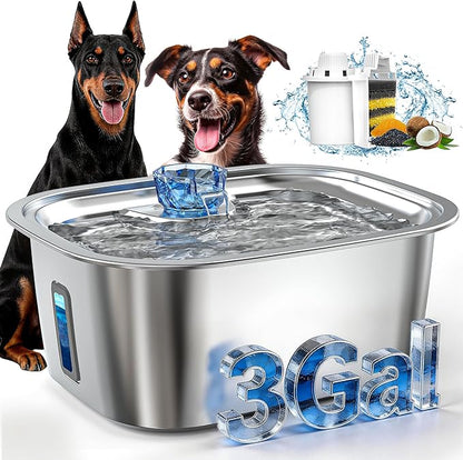 PETNF 3-Gallon Stainless Steel Dog Water Fountain for Large Dogs, Dog Water Bowl Dispenser with 4 Filters, Visible Water Window, Quiet Pump & LED Low-Water Indicator