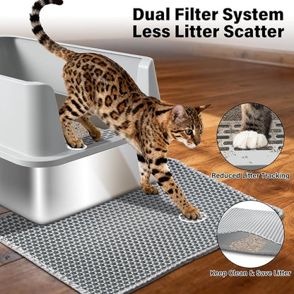 Stainless Steel Litter Box, XL Metal Litter Box with Lid, Extra Large Cat Litter Boxes for Big Cats with High Sides, Easy Cleaning, Non Stick, No Smell, Include Scoop and Mat