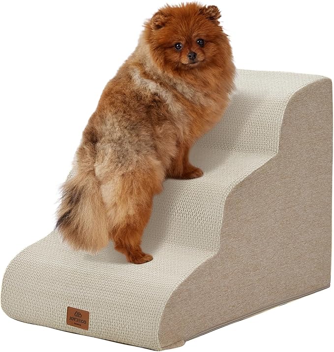 Joydeco Dog Stairs for Bed 17.1" H, 3-Step Pet Steps for Small Dogs and Cats, Dog Steps for High Bed, Non-Slip Balanced Ramp Indoor Pet Stairs, Beige