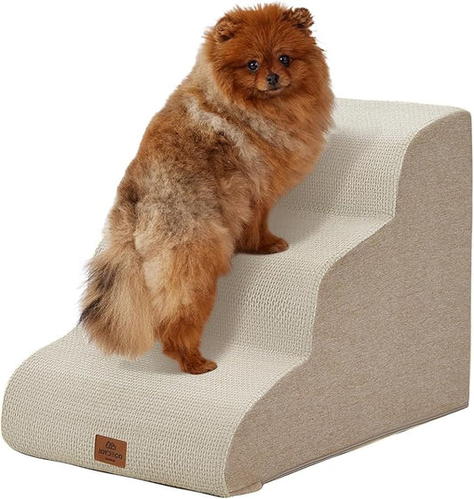 Joydeco Dog Stairs for Bed 17.1" H, 3-Step Pet Steps for Small Dogs and Cats, Dog Steps for High Bed, Non-Slip Balanced Ramp Indoor Pet Stairs, Beige