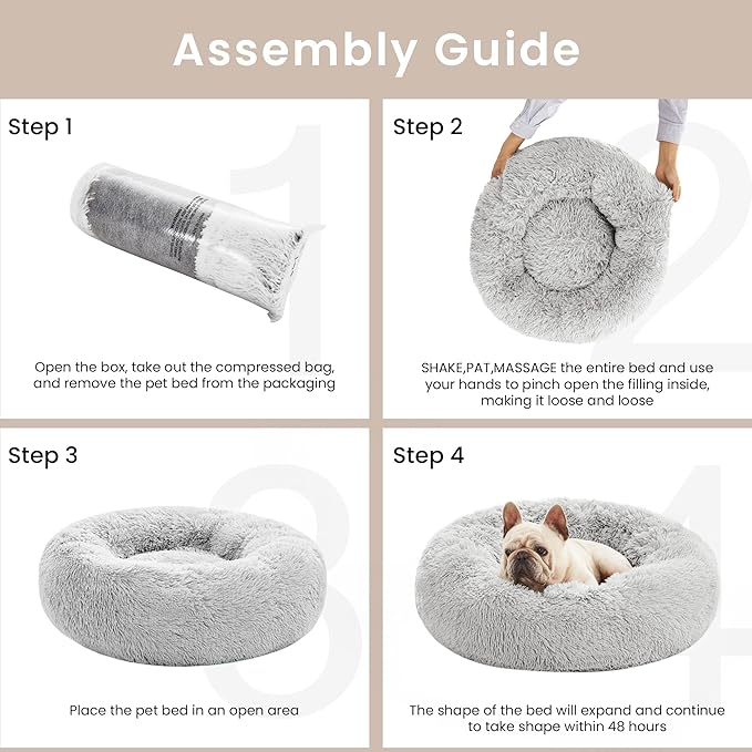 Love's cabin Calming Cat Bed for Indoor Cats, Anti-Anxiety Donut Round Dog Bed, Fluffy Faux Fur Washable Pet Bed for Small Medium Dogs and Cats,Grey,20in
