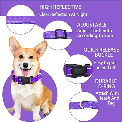Reflective Dog Collar with Safety Locking Buckle, Adjustable Soft Breathable Nylon Collars for Small, Medium and Large Dogs(Collar+Leash S Width 3/4" Purple)