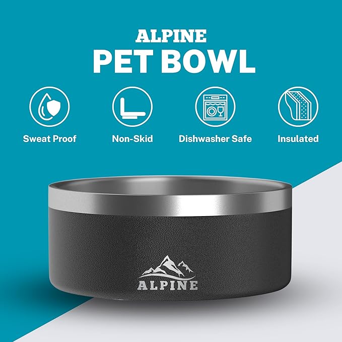 Alpine Set of 2 Stainless Steel Dog Bowls, Non Slip, Metal Pet Bowl for Food and Water, Double Walled Insulated, Rustproof, Dishwasher Safe - Black (AB)