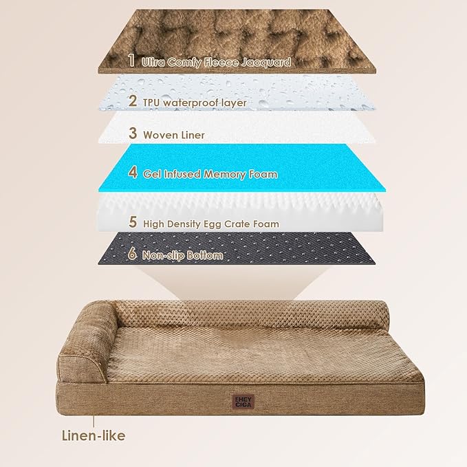 EHEYCIGA Extra Large Dog Bed Othorpedic, Memory Foam XL Dog Bed with Washable Removable Cover, Waterproof Pet Sofa Couch XLarge Size Dogs with Nonskid Bottom, 44x32x6.5, Camel
