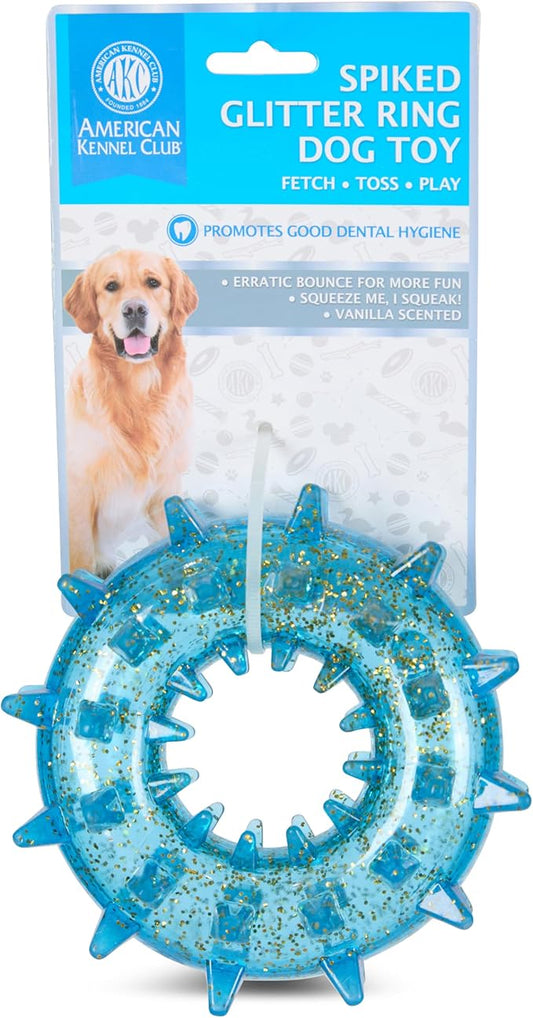 AKC Spiked Glitter Dog Toys – Squeaky TPR Ball & Ring for Dental Health, Vanilla Scented with Erratic Bounce – Durable Textured Chew Toys for Dogs